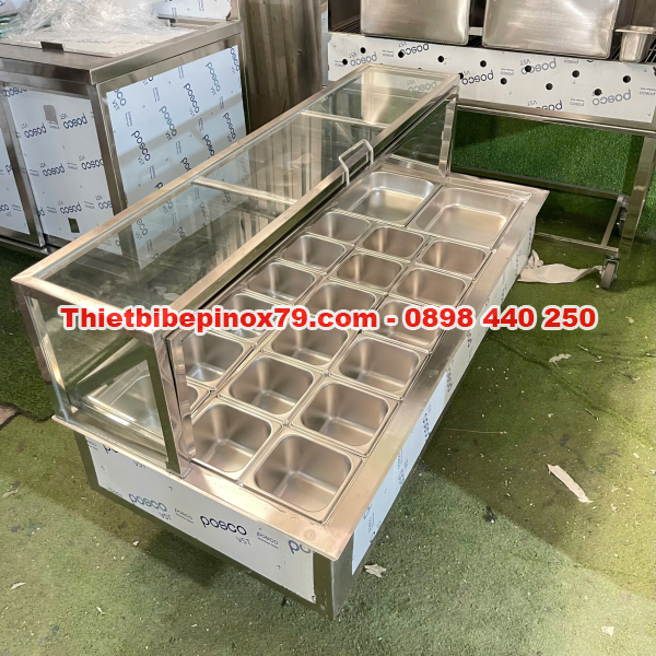 THÙNG ĐÁ INOX KHAY TOPPING NẮP KÍNH LẬT SANG TRỌNG TIỆN LỢI, TRƯNG BÀY ĐA DẠNG