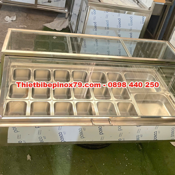 THÙNG ĐÁ INOX KHAY TOPPING NẮP KÍNH LẬT SANG TRỌNG TIỆN LỢI, TRƯNG BÀY ĐA DẠNG