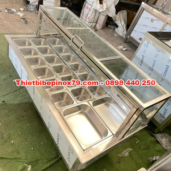 THÙNG ĐÁ INOX KHAY TOPPING NẮP KÍNH LẬT SANG TRỌNG TIỆN LỢI, TRƯNG BÀY ĐA DẠNG
