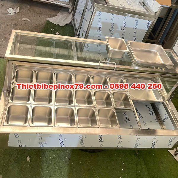 THÙNG ĐÁ INOX KHAY TOPPING NẮP KÍNH LẬT SANG TRỌNG TIỆN LỢI, TRƯNG BÀY ĐA DẠNG