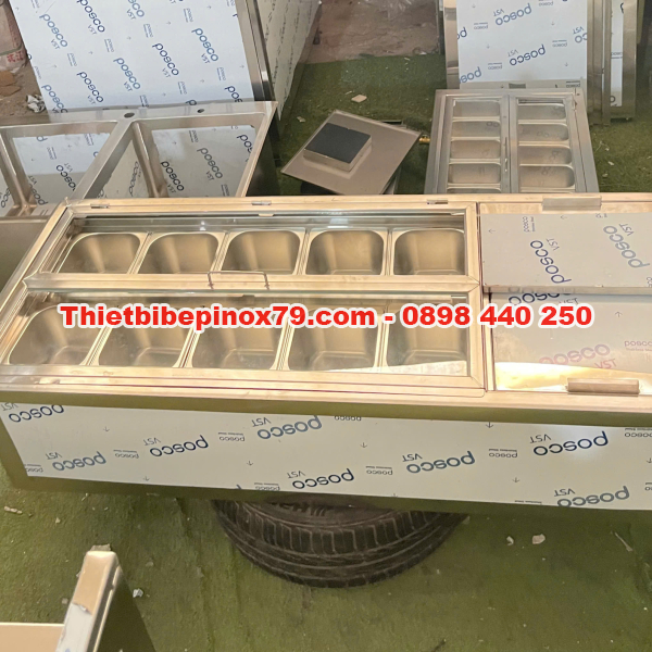 THÙNG ĐÁ INOX 304 TÍCH HỢP 10 KHAY TOPPING CHUYÊN DỤNG THU HÚT KHÁCH HÀNG GIÁ TẠI XƯỞNG