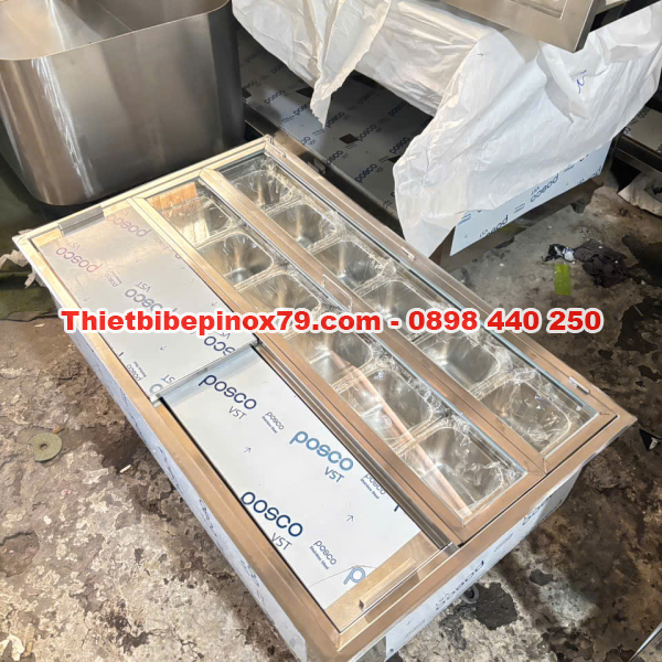 THÙNG ĐÁ INOX 304 ÂM QUẦY TÍCH HỢP 12 KHAY TOPPING 1/6 CHUẨN CHUYÊN NGHIỆP CHO QUÁN TRÀ SỮA