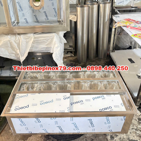 THÙNG ĐÁ INOX 304 ÂM QUẦY TÍCH HỢP 12 KHAY TOPPING 1/6 CHUẨN CHUYÊN NGHIỆP CHO QUÁN TRÀ SỮA