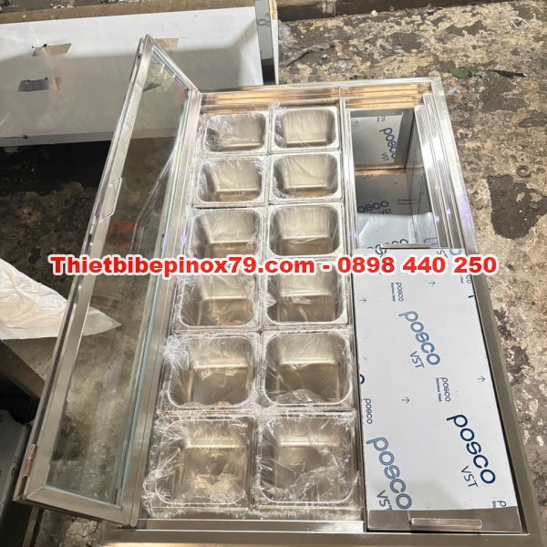THÙNG ĐÁ INOX 304 ÂM QUẦY TÍCH HỢP 12 KHAY TOPPING 1/6 CHUẨN CHUYÊN NGHIỆP CHO QUÁN TRÀ SỮA