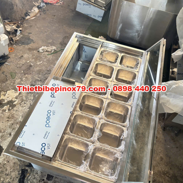 THÙNG ĐÁ INOX 304 ÂM QUẦY TÍCH HỢP 12 KHAY TOPPING 1/6 CHUẨN CHUYÊN NGHIỆP CHO QUÁN TRÀ SỮA