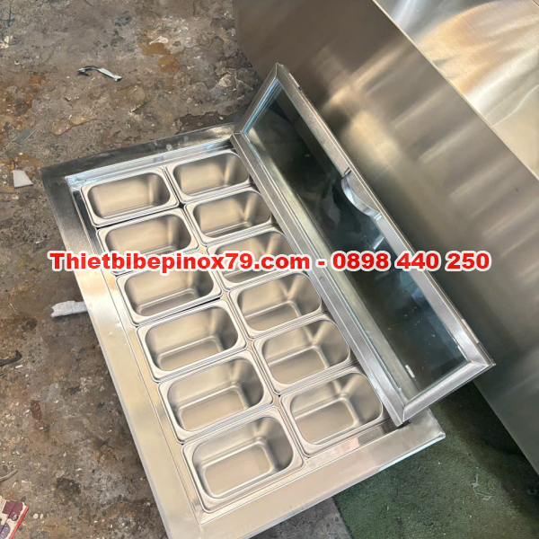 THÙNG ĐÁ INOX 304 GIỮ LẠNH TỐT TIẾT KIỆM CHI PHÍ TÍCH HỢP 12 KHAY TOPPING GIÚP TRƯNG BÀY ĐA DẠNG