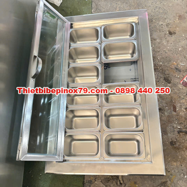 THÙNG ĐÁ INOX 304 GIỮ LẠNH TỐT TIẾT KIỆM CHI PHÍ TÍCH HỢP 12 KHAY TOPPING GIÚP TRƯNG BÀY ĐA DẠNG