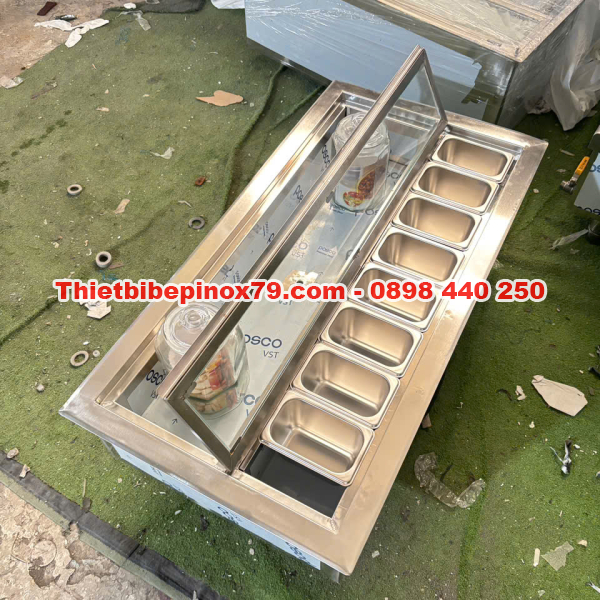 THÙNG ĐÁ INOX 304 TÍCH HỢP KHAY TOPPING VÀ HỘC ƯỚP HỦ TRÁI CÂY TƯƠI SIÊU TIỆN LỢI