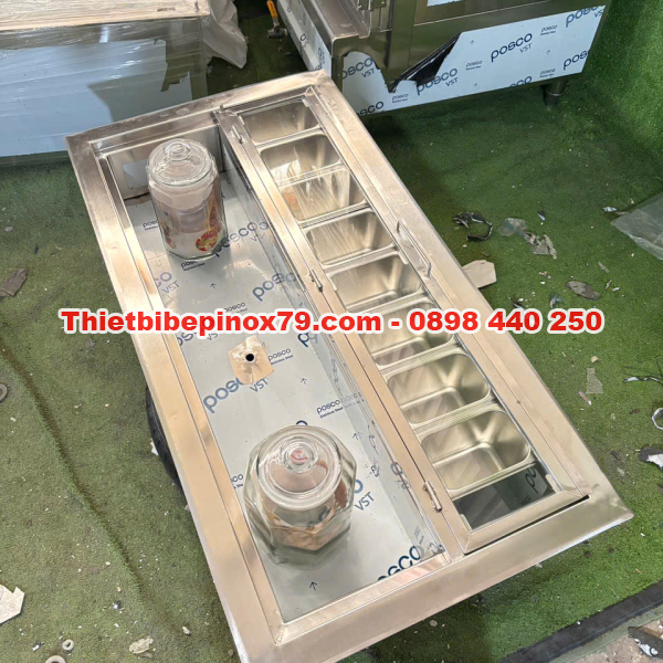 THÙNG ĐÁ INOX 304 TÍCH HỢP KHAY TOPPING VÀ HỘC ƯỚP HỦ TRÁI CÂY TƯƠI SIÊU TIỆN LỢI